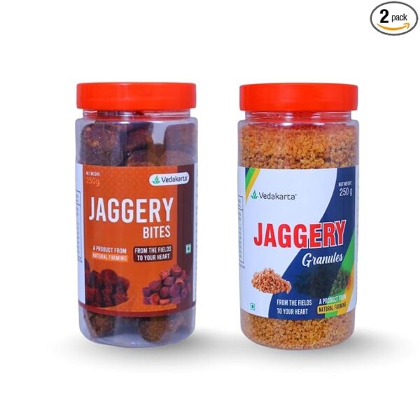 Vedakarta Jaggery Bites and Jaggery Granules Combo Pack of 2 | Natural and Chemical-Free Sweetener | Product of Natural Farming 250 gm each