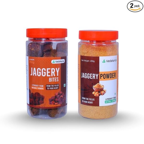 Vedakarta Jaggery Bites and Jaggery Powder Combo Pack of 2 | Natural and Chemical-Free Sweetener | Product of Natural Farming 250 gm each
